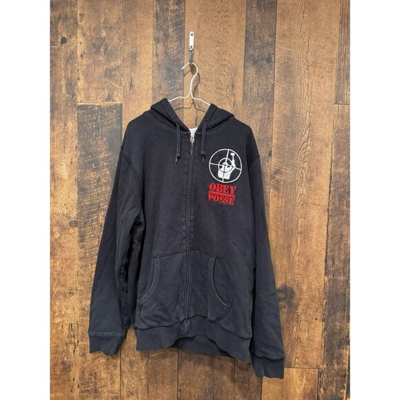 Men's Black White Vintage Y2K Obey X Public Enemy Embroidered Wool Lined Hoodie - Picture 3 of 5